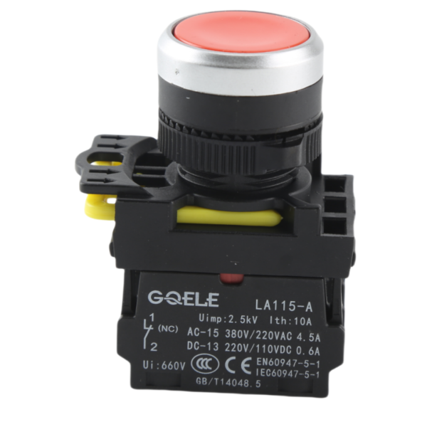 GQELE/22mm waterproof self-locking self resetting flat head button, normally open and closed AL115-A5-11 red